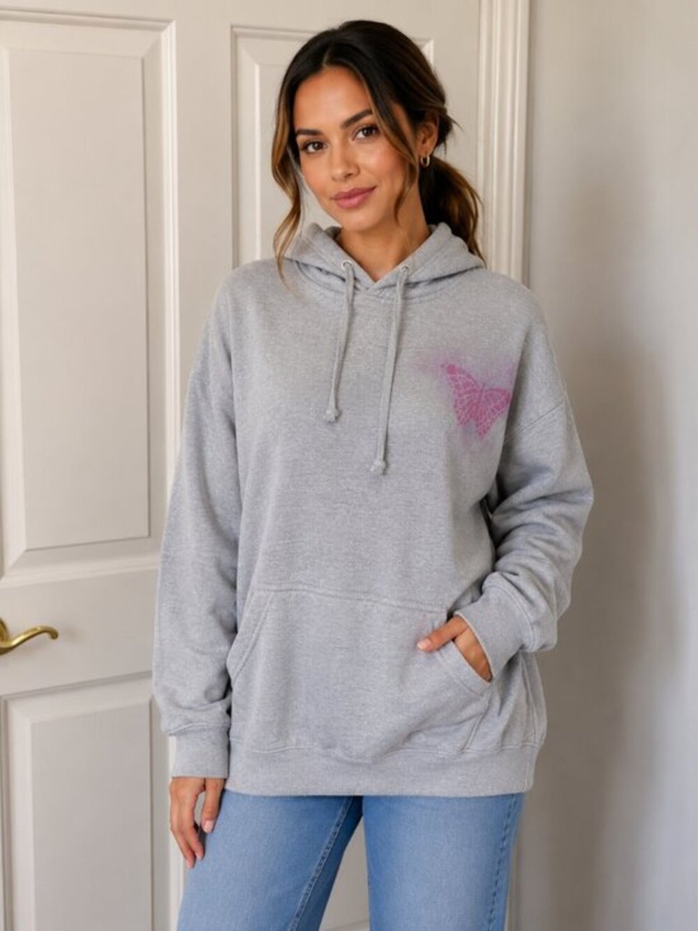 New Gray Women's Hoodie Sweater with pink butterfly logo size Large